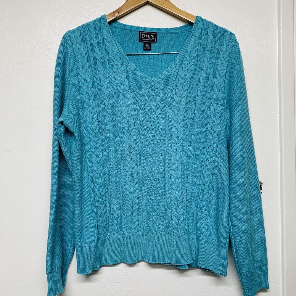 CHAPS® Cable Knit V-Neck Turquoise Blue Cotton Blend Sweater Women's Sz XL